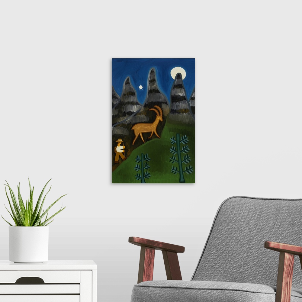 A modern room featuring Contemporary painting of a goat in a forest at night.