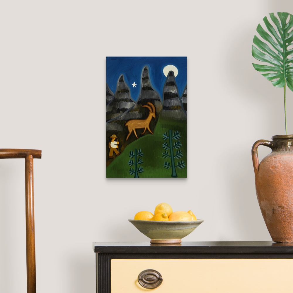 A traditional room featuring Contemporary painting of a goat in a forest at night.