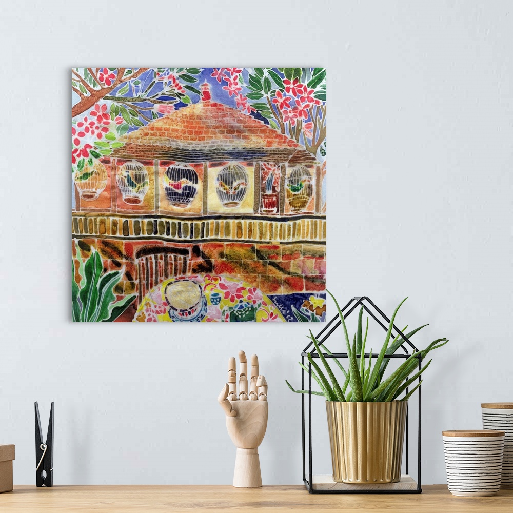 A bohemian room featuring Contemporary painting of a colorful building in the tropics.