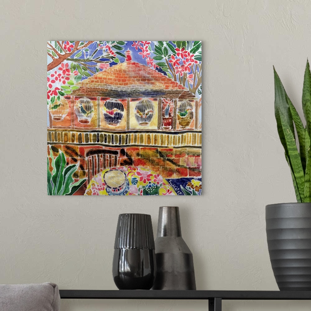 A modern room featuring Contemporary painting of a colorful building in the tropics.