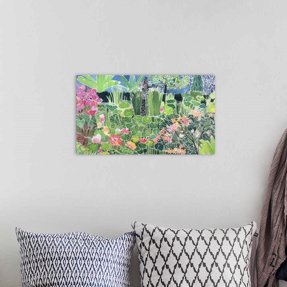 A bohemian room featuring Contemporary painting of a pond filled with lotus flowers in a garden.