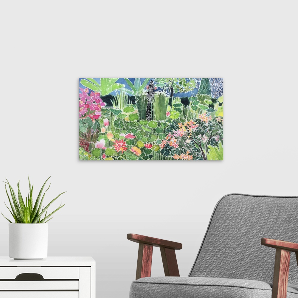 A modern room featuring Contemporary painting of a pond filled with lotus flowers in a garden.