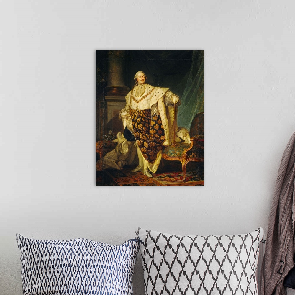 A bohemian room featuring XIR152731 Louis XVI (1754-93) King of France in Coronation Robes, 1777 (oil on canvas) by Dupless...