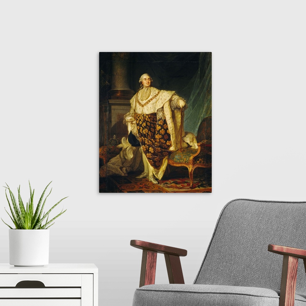 A modern room featuring XIR152731 Louis XVI (1754-93) King of France in Coronation Robes, 1777 (oil on canvas) by Dupless...