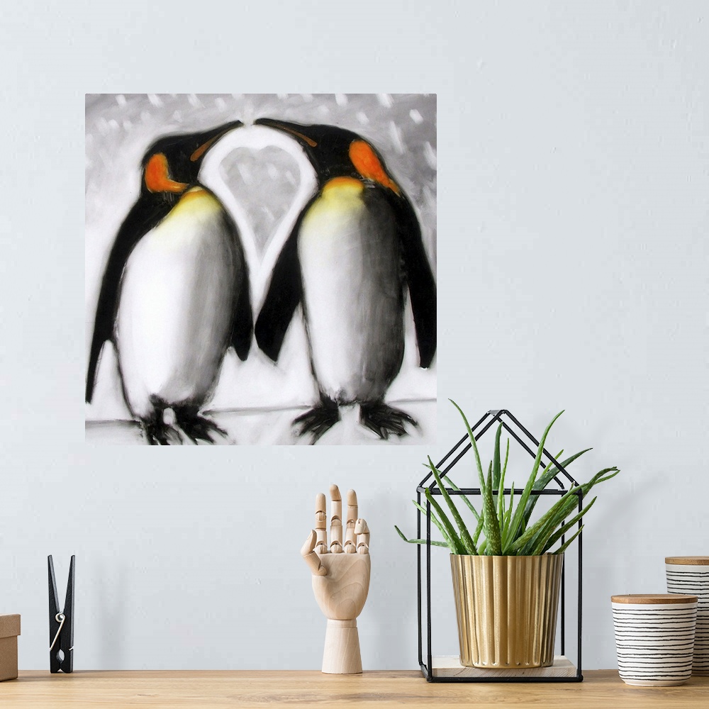 A bohemian room featuring Contemporary artwork of two penguins standing next to each other almost beak to beak with a heart...