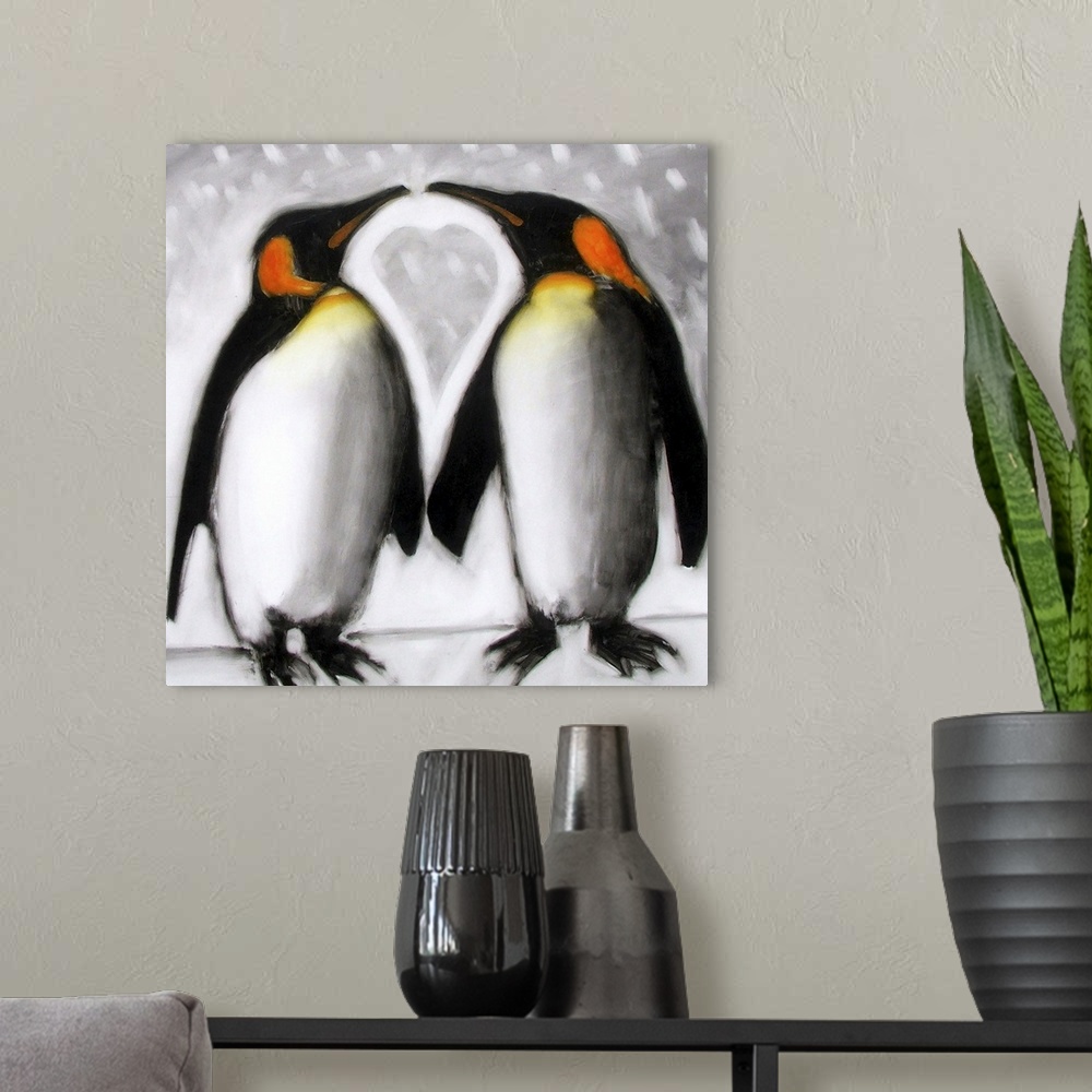 A modern room featuring Contemporary artwork of two penguins standing next to each other almost beak to beak with a heart...