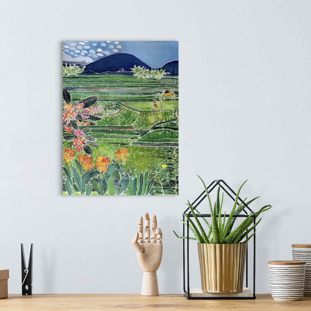 A bohemian room featuring Contemporary painting of a valley of agricultural fields and tropical flowers.