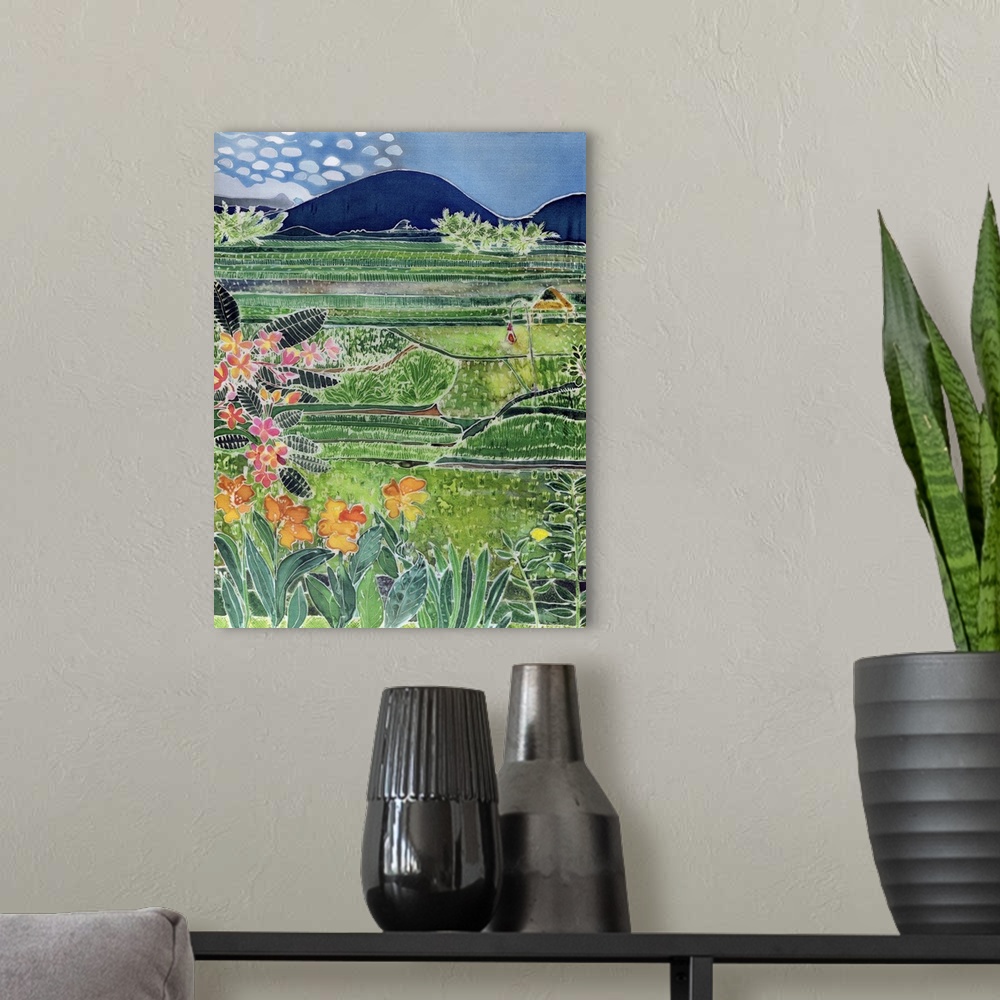 A modern room featuring Contemporary painting of a valley of agricultural fields and tropical flowers.