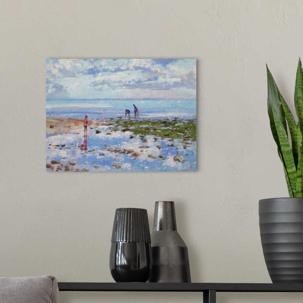 A modern room featuring Contemporary painting of three people at the beach, looking at tide pools.