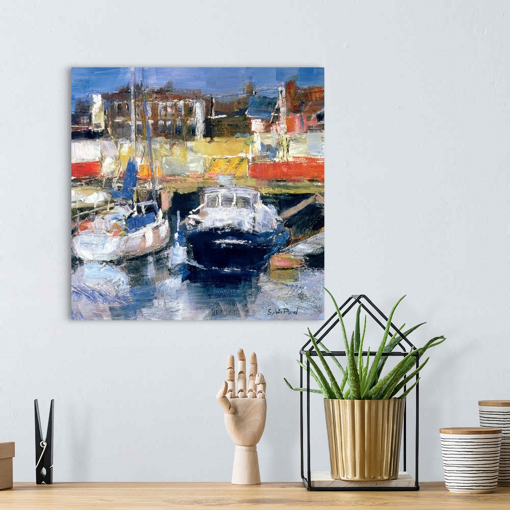 A bohemian room featuring SPY150397 Lowestoft Harbour View (mixed media and collage on paper); by Paul, Sylvia (Contemporar...
