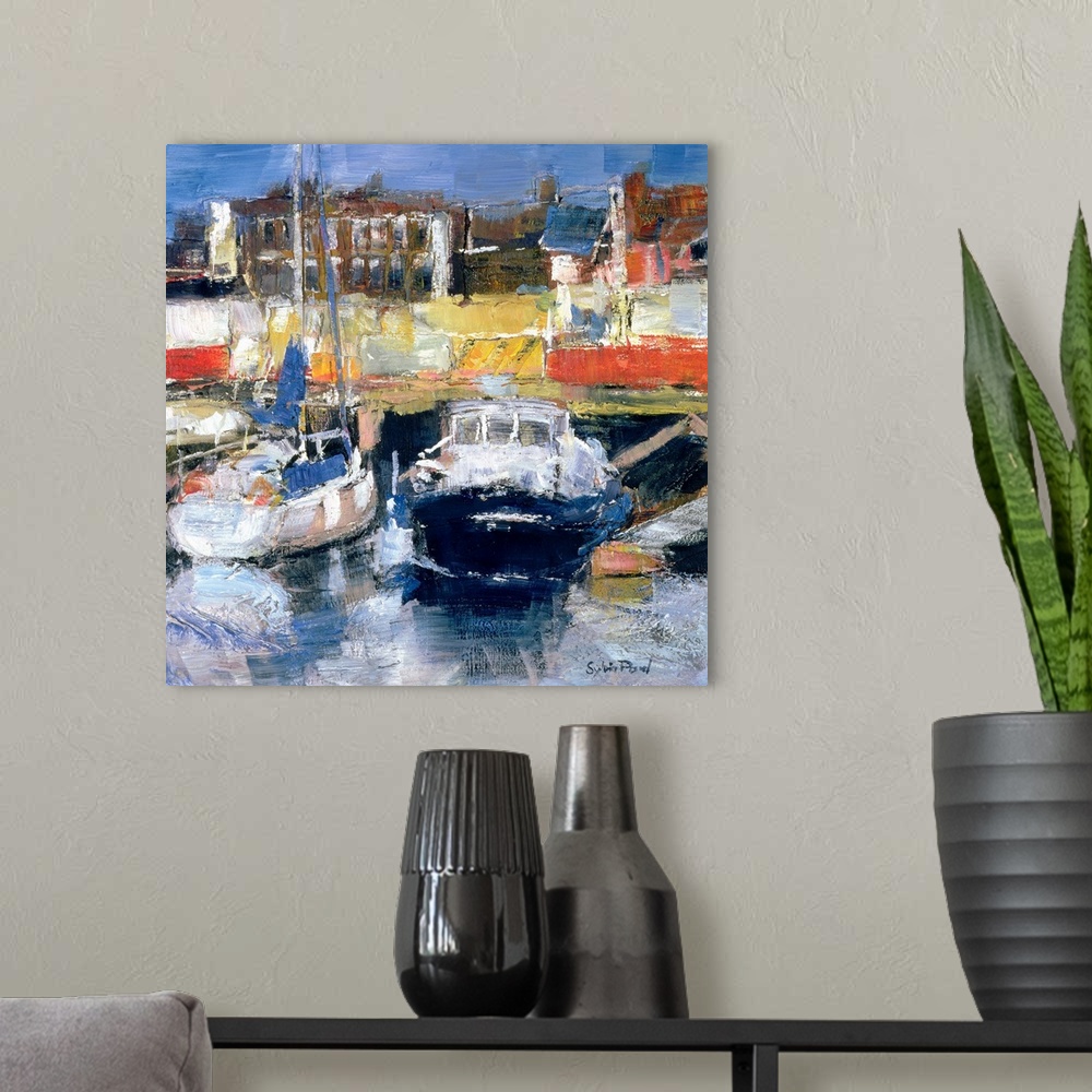 A modern room featuring SPY150397 Lowestoft Harbour View (mixed media and collage on paper); by Paul, Sylvia (Contemporar...