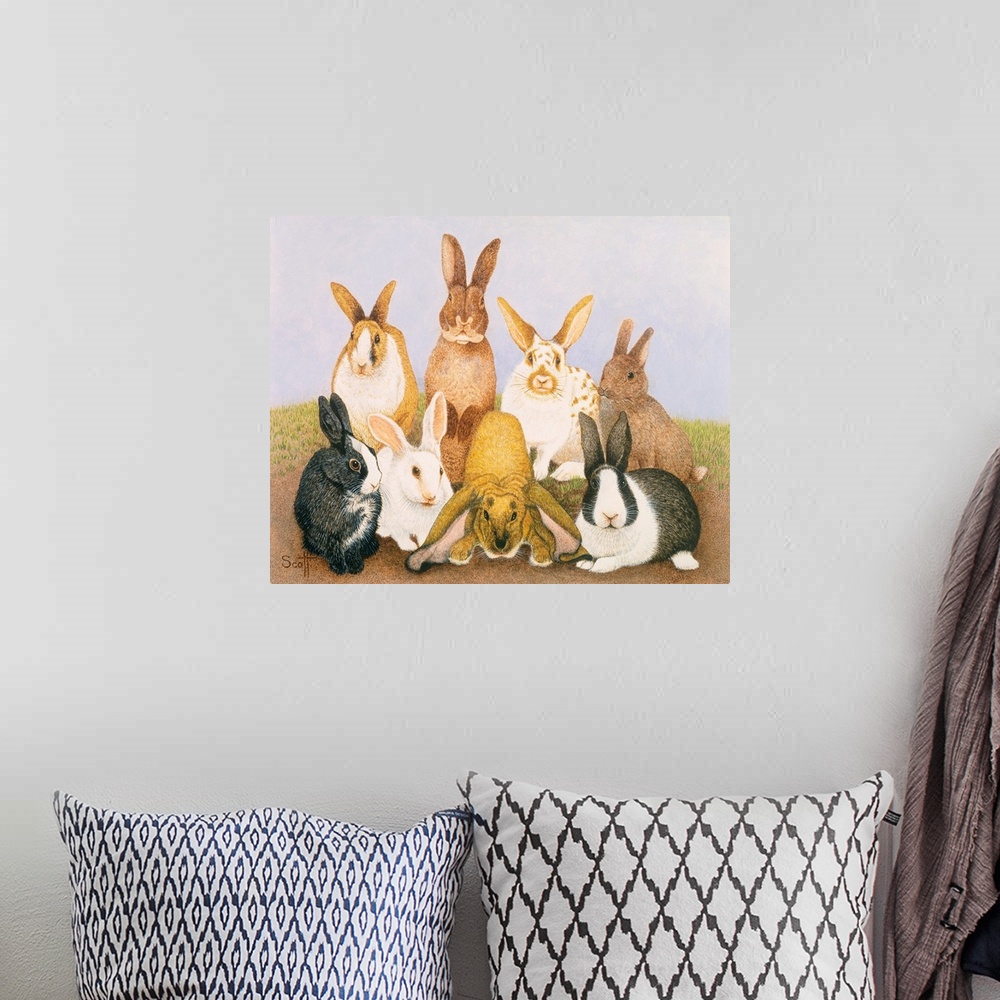 A bohemian room featuring Contemporary painting of eight different breeds of rabbit.