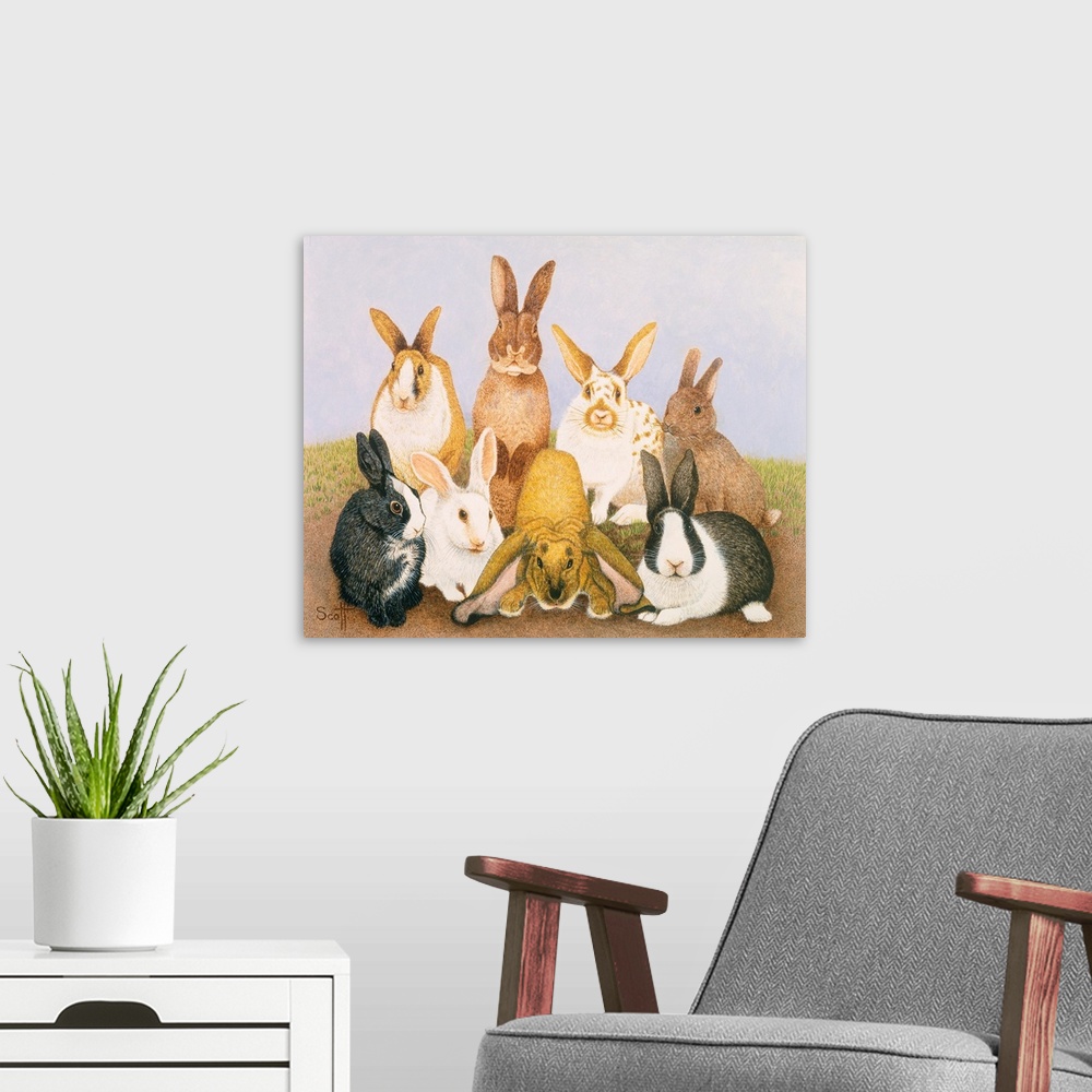 A modern room featuring Contemporary painting of eight different breeds of rabbit.