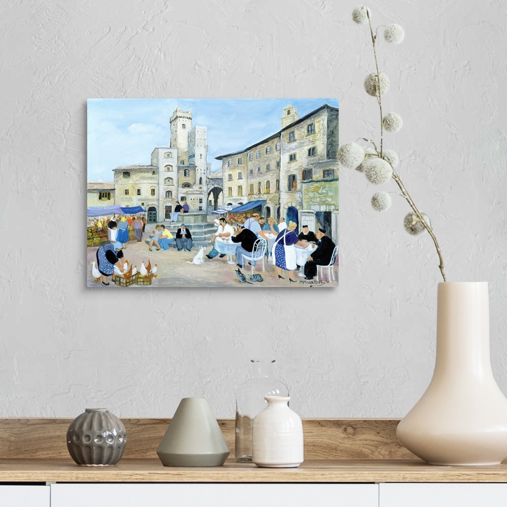 A farmhouse room featuring Contemporary painting of people eating outdoors in a Tuscan town.