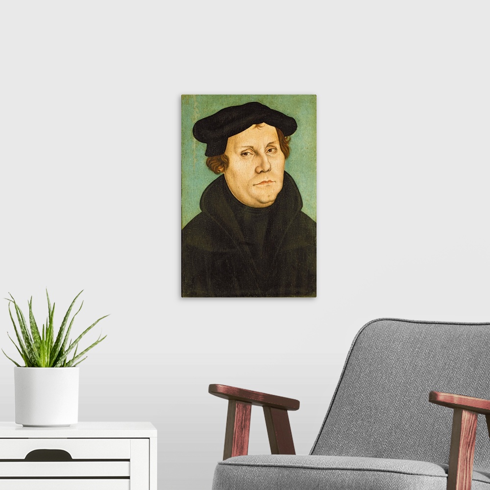 A modern room featuring XPH308462 Luther as Professor, 1529 (oil on panel)  by Cranach, Lucas, the Elder (1472-1553); Sch...