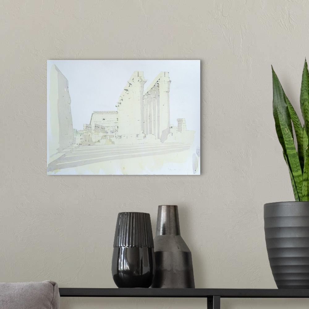 A modern room featuring Contemporary painting of an ancient temple in Egypt.
