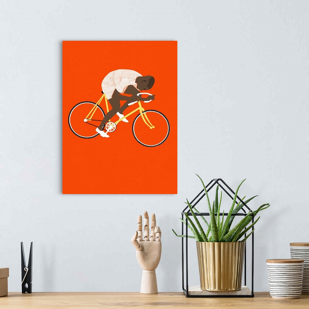 A bohemian room featuring Contemporary illustration of a cyclist on a yellow bike against a red background.