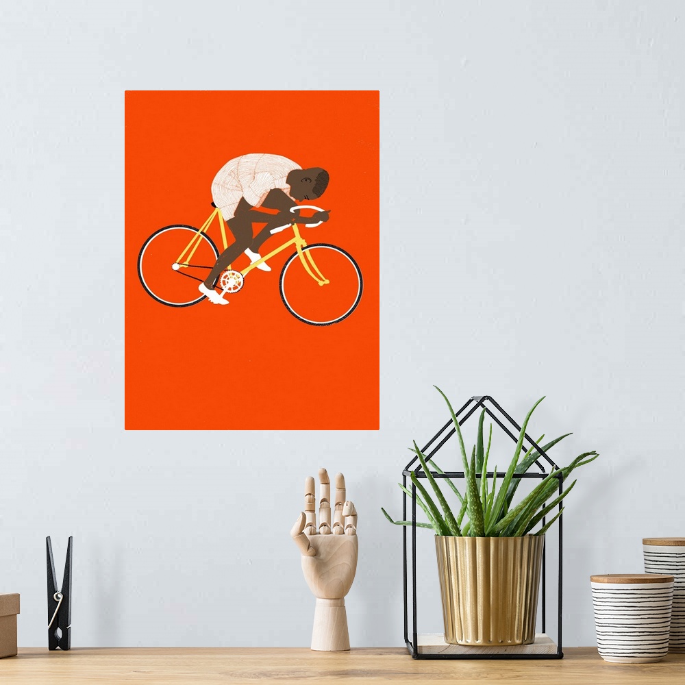 A bohemian room featuring Contemporary illustration of a cyclist on a yellow bike against a red background.