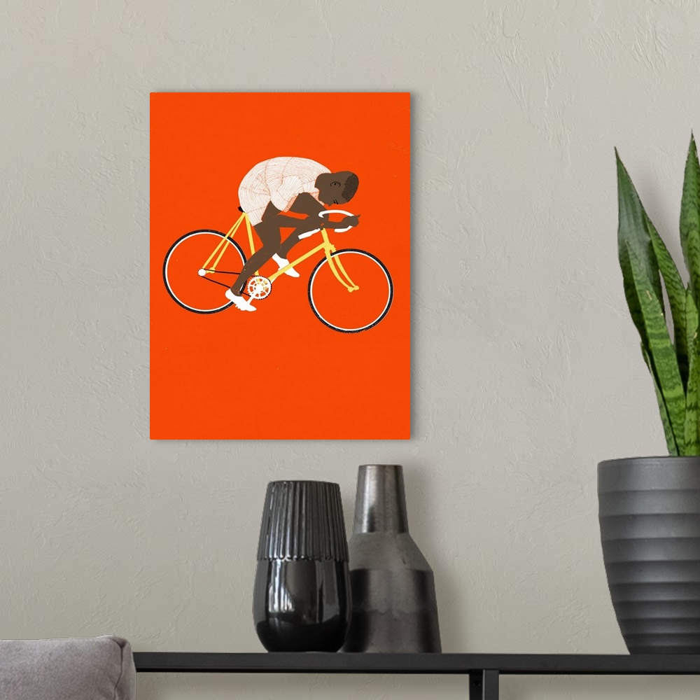 A modern room featuring Contemporary illustration of a cyclist on a yellow bike against a red background.