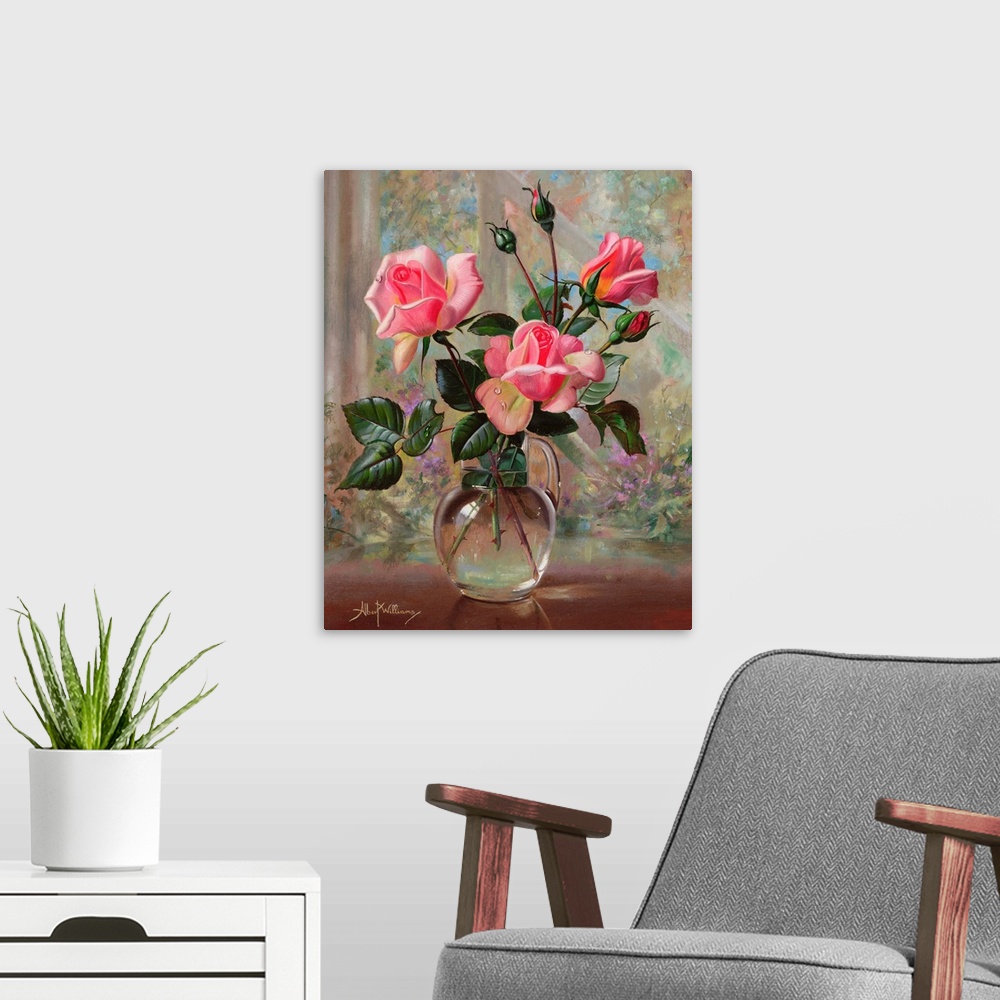 A modern room featuring Madame Butterfly Roses in a Glass Vase