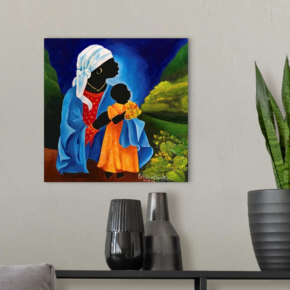 A modern room featuring Madonna and child - Flourish, 2018 (originally acrylic on wood) by Brintle, Patricia