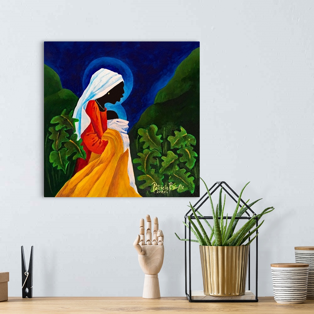 A bohemian room featuring Madonna and Child - Gentle Song - 2018 (originally acrylic on wood) by Brintle, Patricia