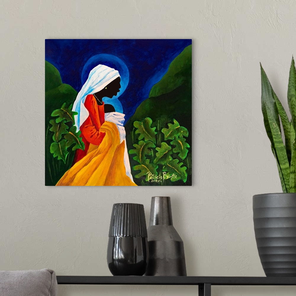 A modern room featuring Madonna and Child - Gentle Song - 2018 (originally acrylic on wood) by Brintle, Patricia
