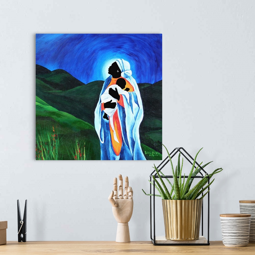 A bohemian room featuring Contemporary Christian painting of the Virgin Mary and Infant Christ as a Haitian woman and child.
