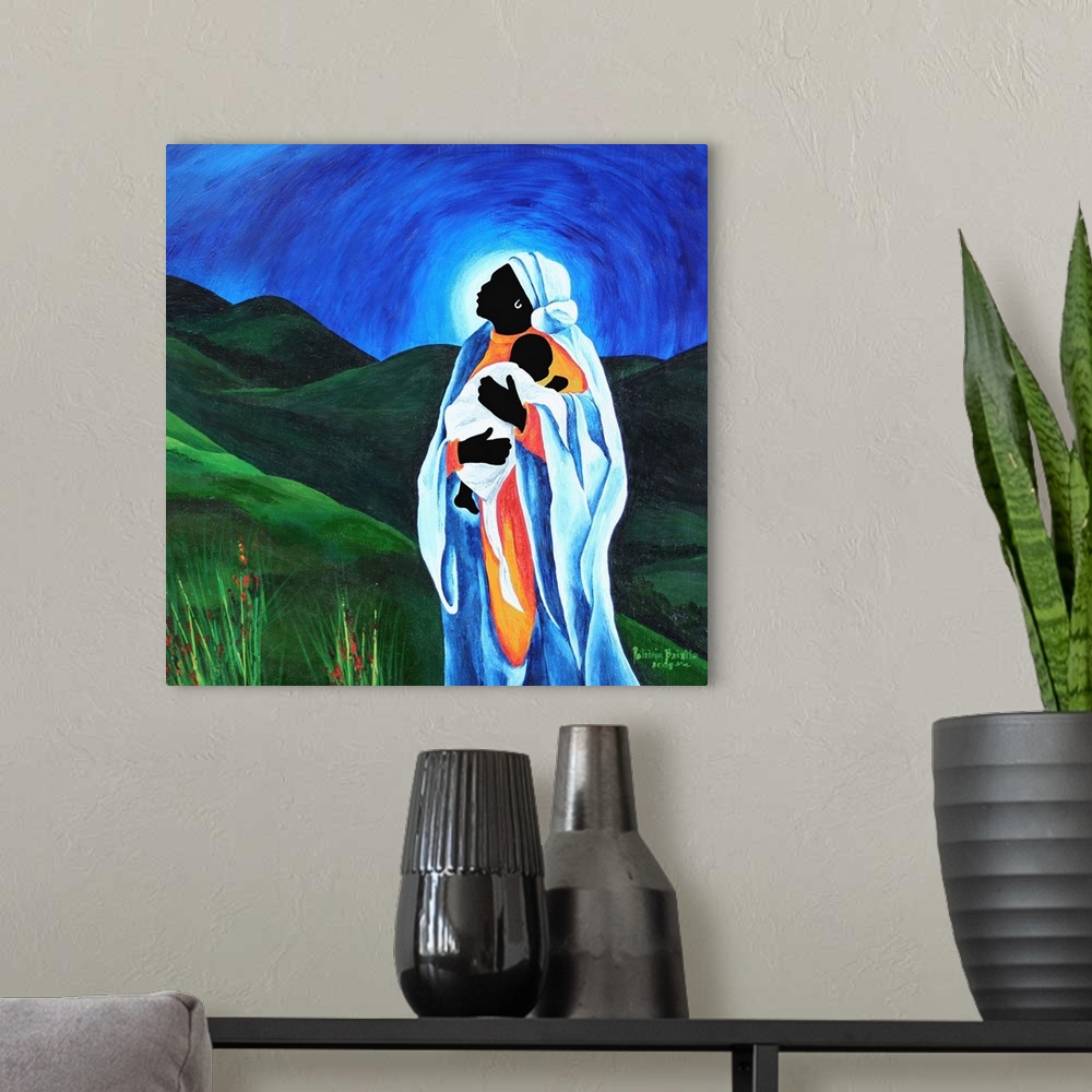 A modern room featuring Contemporary Christian painting of the Virgin Mary and Infant Christ as a Haitian woman and child.