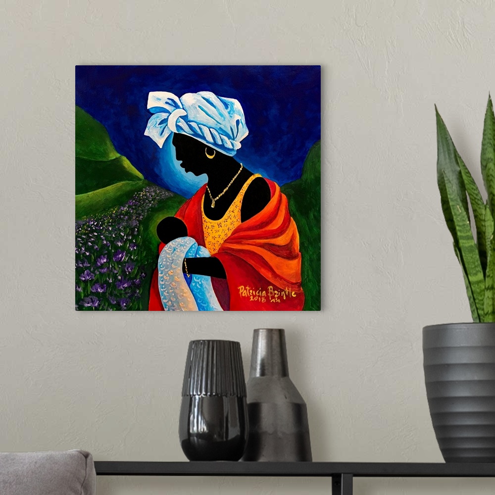 A modern room featuring Madonna and Child - Lilly Field, 2018 (originally acrylic on wood) by Brintle, Patricia