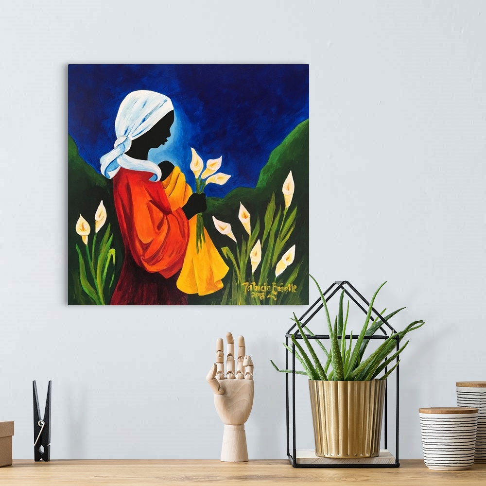 A bohemian room featuring Madonna and Child of the Callas, 2018 (originally acrylic on wood) by Brintle, Patricia