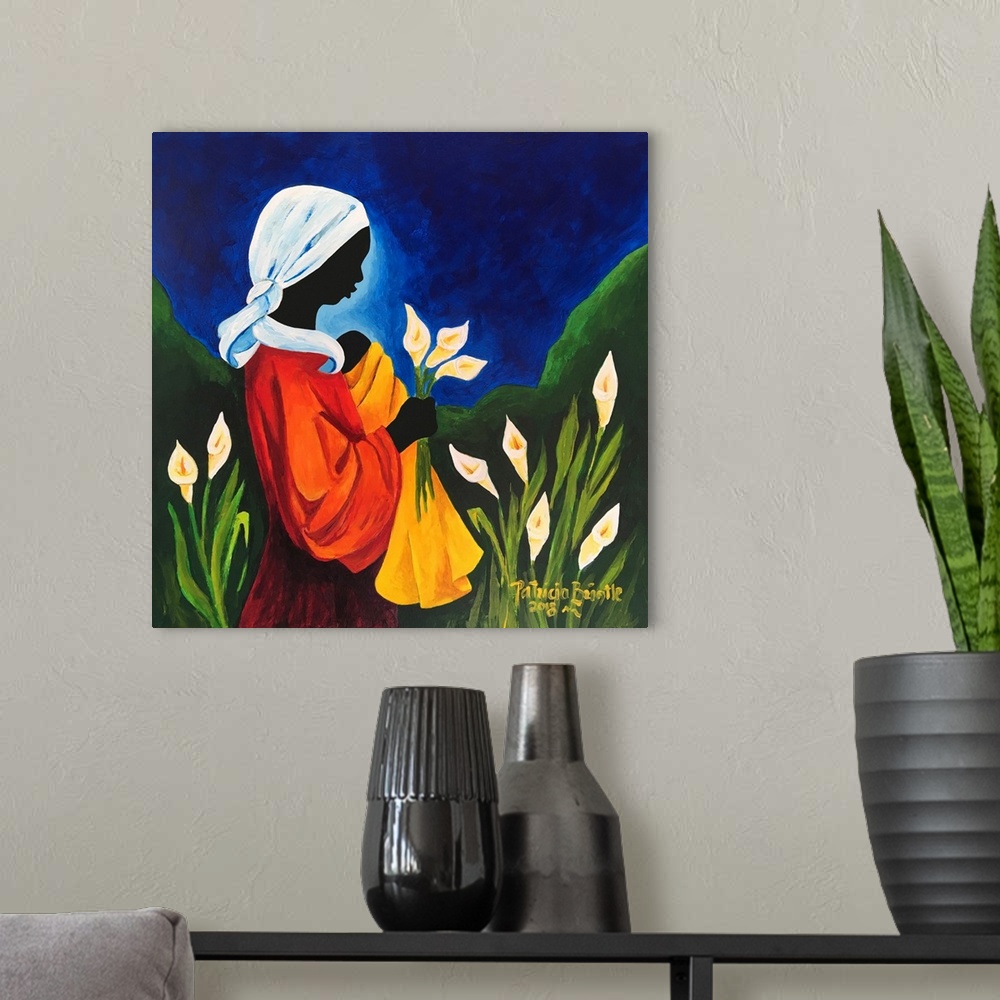A modern room featuring Madonna and Child of the Callas, 2018 (originally acrylic on wood) by Brintle, Patricia