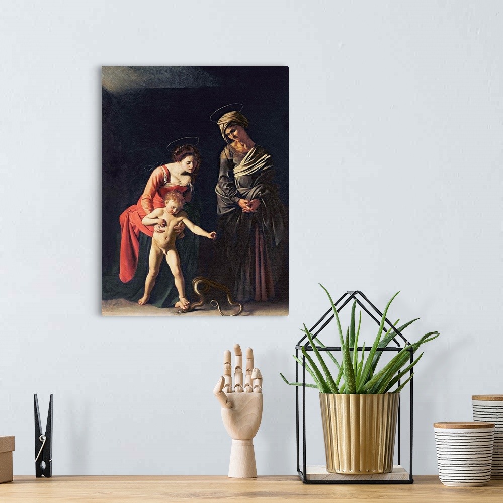A bohemian room featuring XIR60355 Madonna and Child with a Serpent, 1605 (oil on canvas)  by Caravaggio, Michelangelo Meri...
