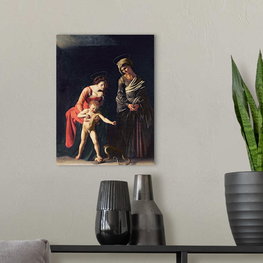 A modern room featuring XIR60355 Madonna and Child with a Serpent, 1605 (oil on canvas)  by Caravaggio, Michelangelo Meri...