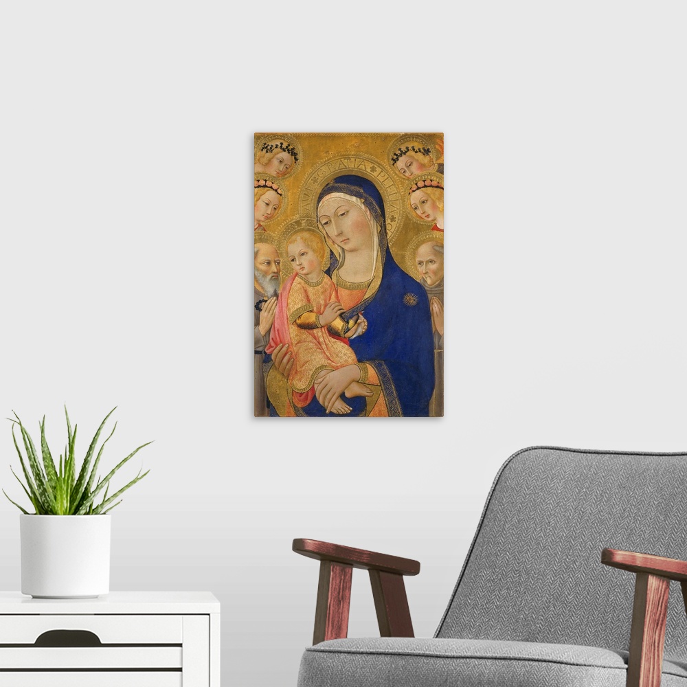 A modern room featuring Madonna and Child with Saint Jerome, Saint Bernardino, and Angels, c.1460
