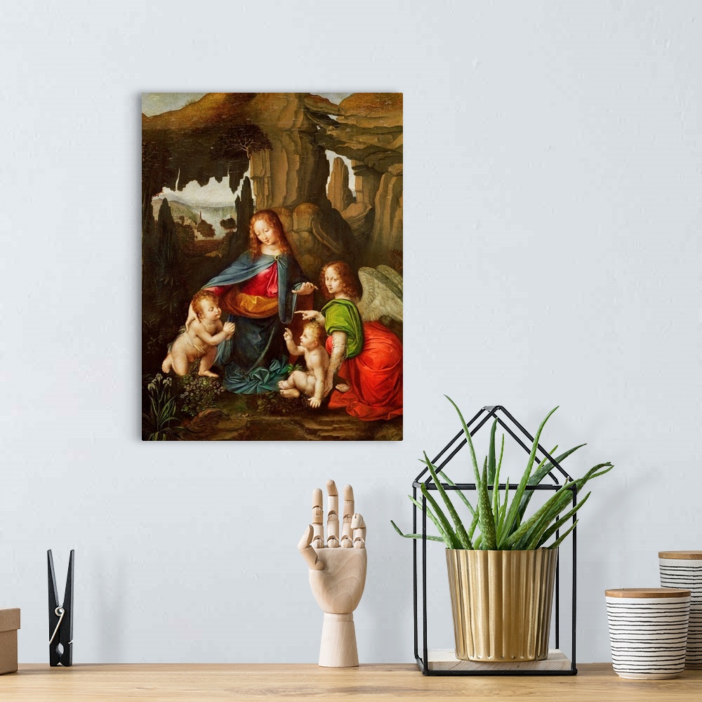 A bohemian room featuring XAE182931 Madonna of the Rocks (oil on panel); by Vinci, Leonardo da (1452-1519) (after)
