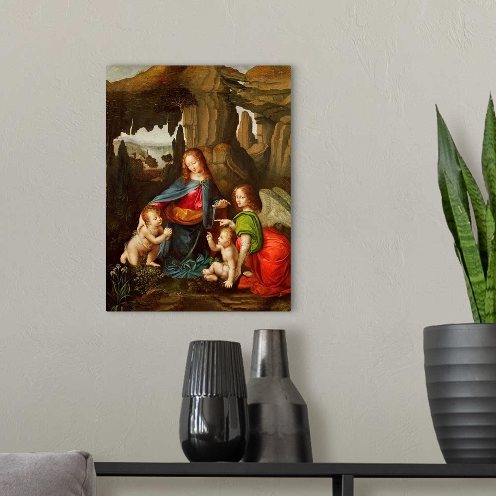 A modern room featuring XAE182931 Madonna of the Rocks (oil on panel); by Vinci, Leonardo da (1452-1519) (after)