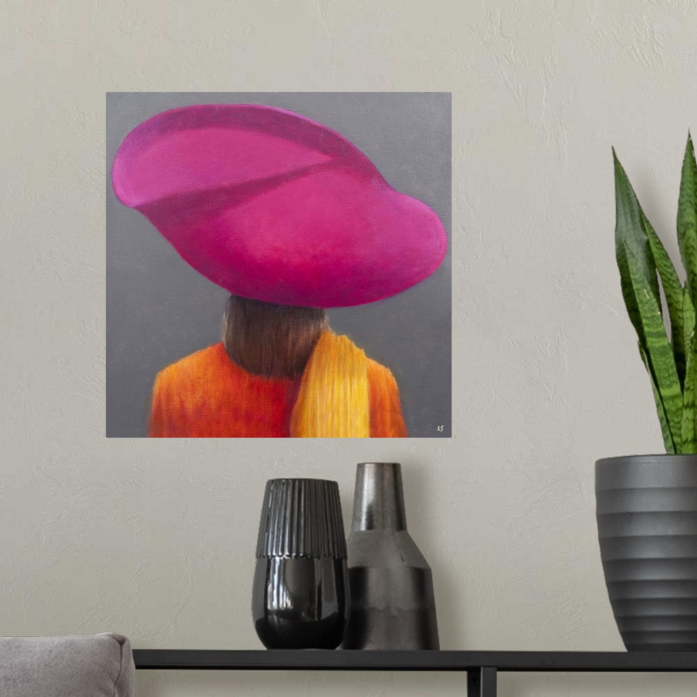 A modern room featuring Contemporary painting of a rear view of a women wearing a large pink hat.