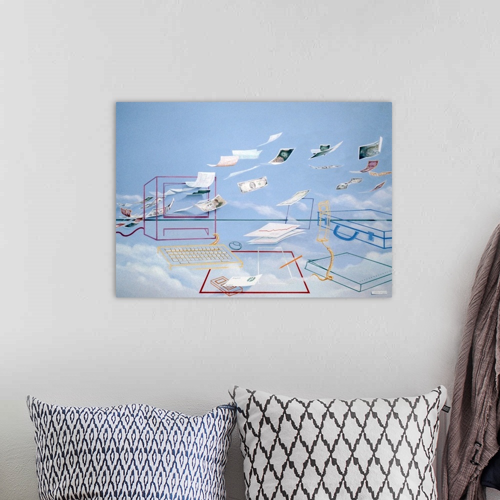A bohemian room featuring Abstract contemporary painting of images and papers flying through wire structures of electronics.