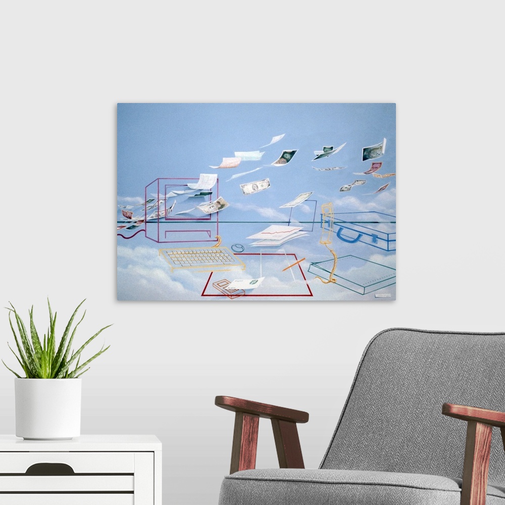 A modern room featuring Abstract contemporary painting of images and papers flying through wire structures of electronics.