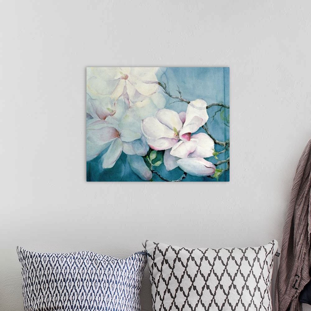 A bohemian room featuring Contemporary watercolor painting of three magnolia flowers on thin, delicate branches, almost fad...
