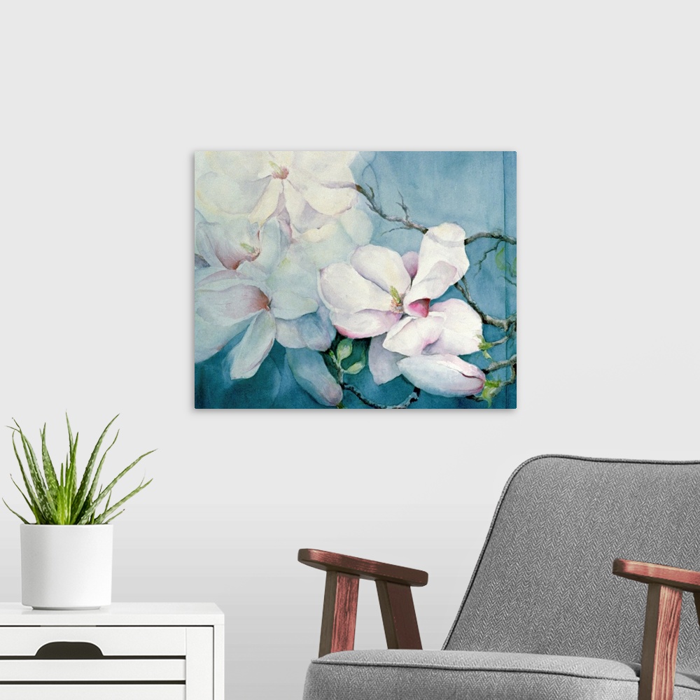 A modern room featuring Contemporary watercolor painting of three magnolia flowers on thin, delicate branches, almost fad...