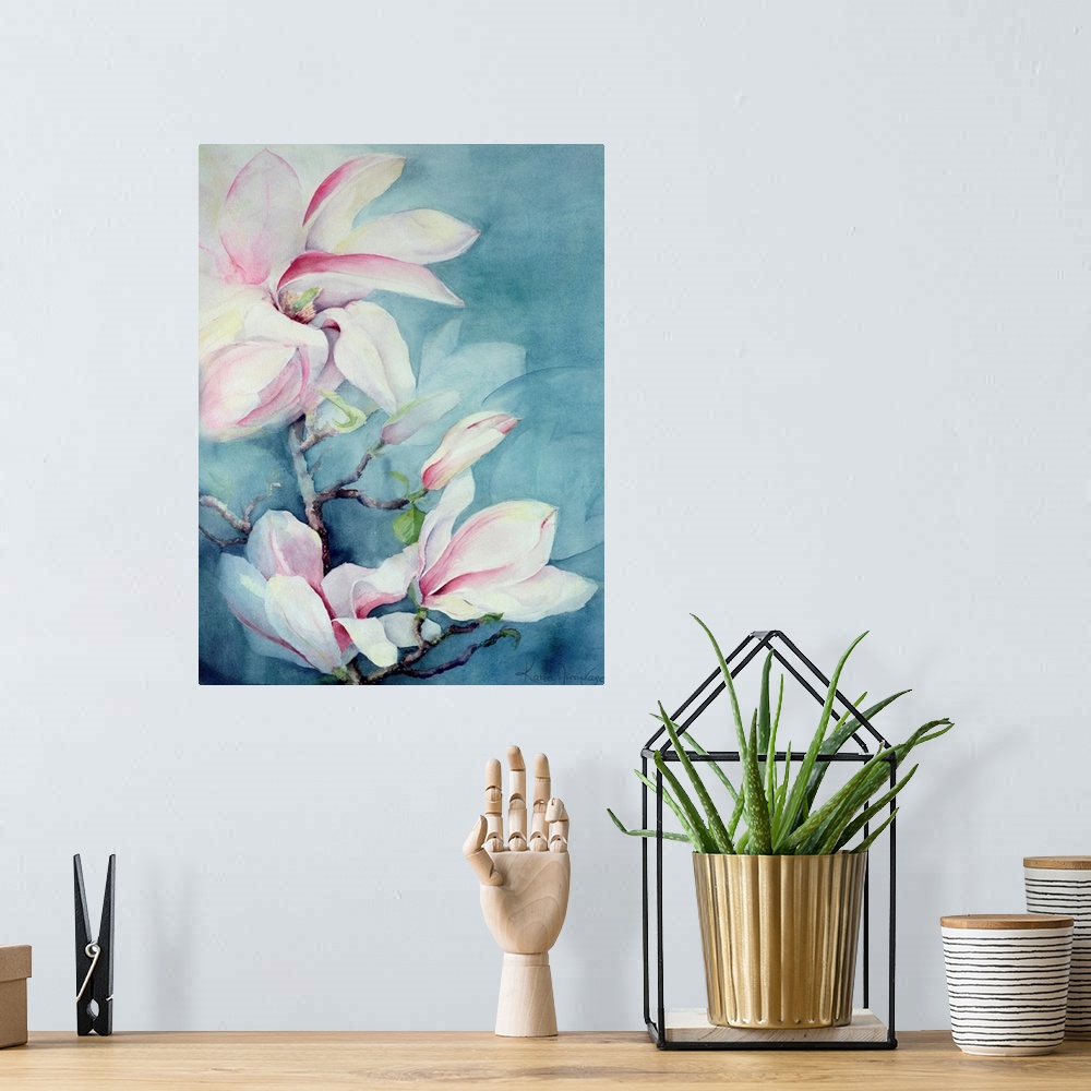 A bohemian room featuring Contemporary floral painting of a branch of large petaled white flowers with soft pink accents of...