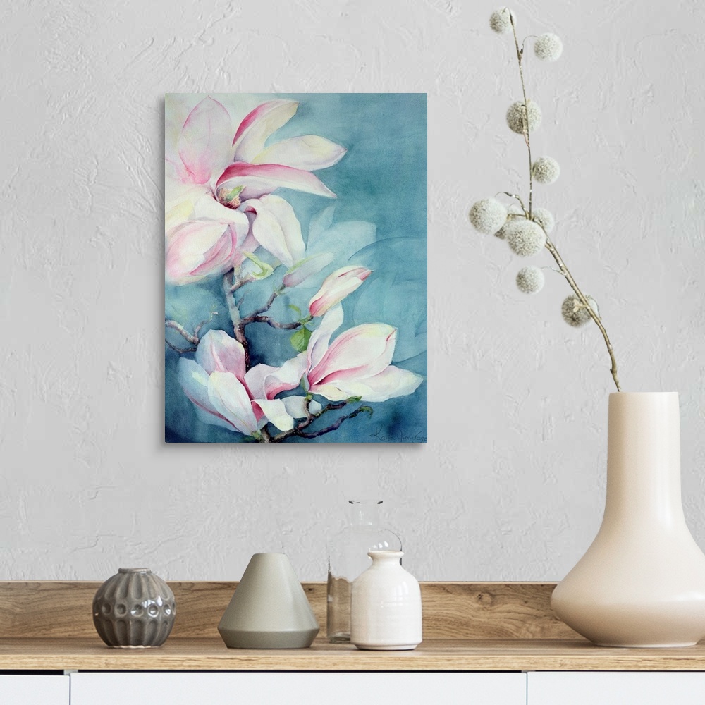 A farmhouse room featuring Contemporary floral painting of a branch of large petaled white flowers with soft pink accents of...