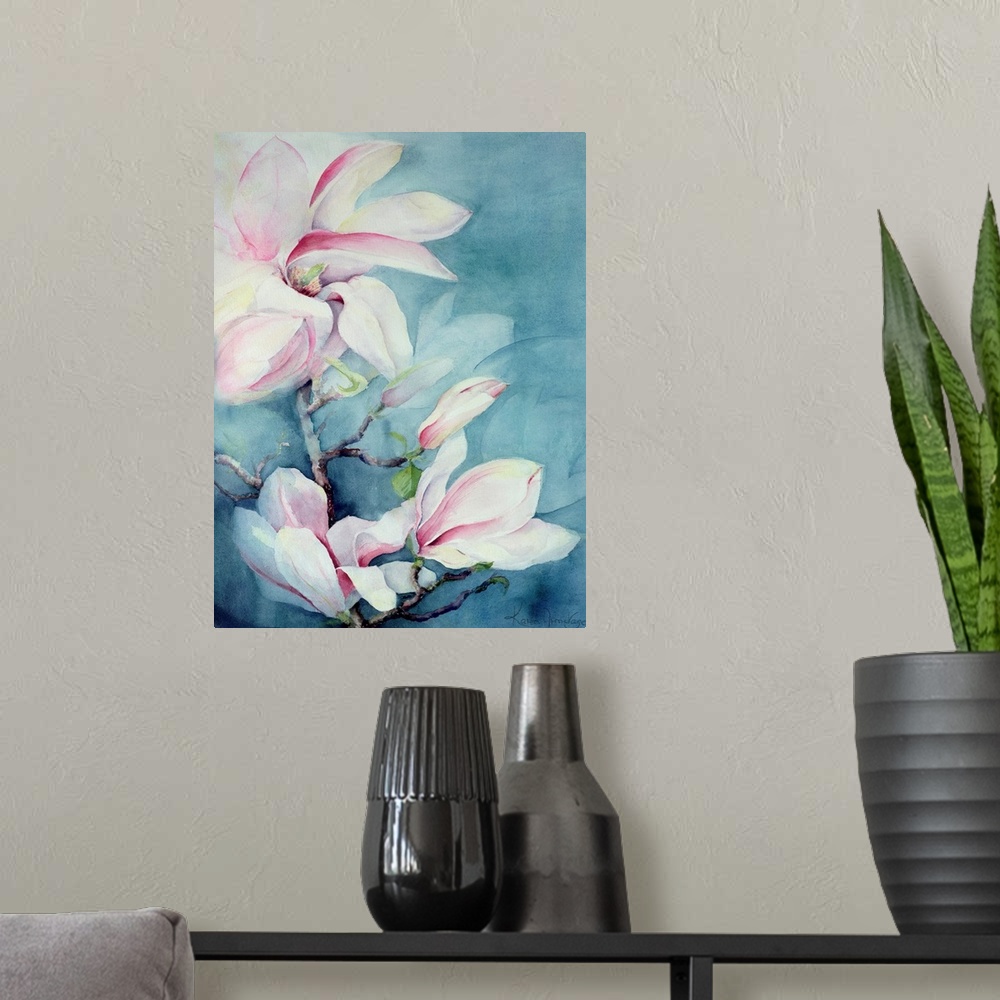 A modern room featuring Contemporary floral painting of a branch of large petaled white flowers with soft pink accents of...