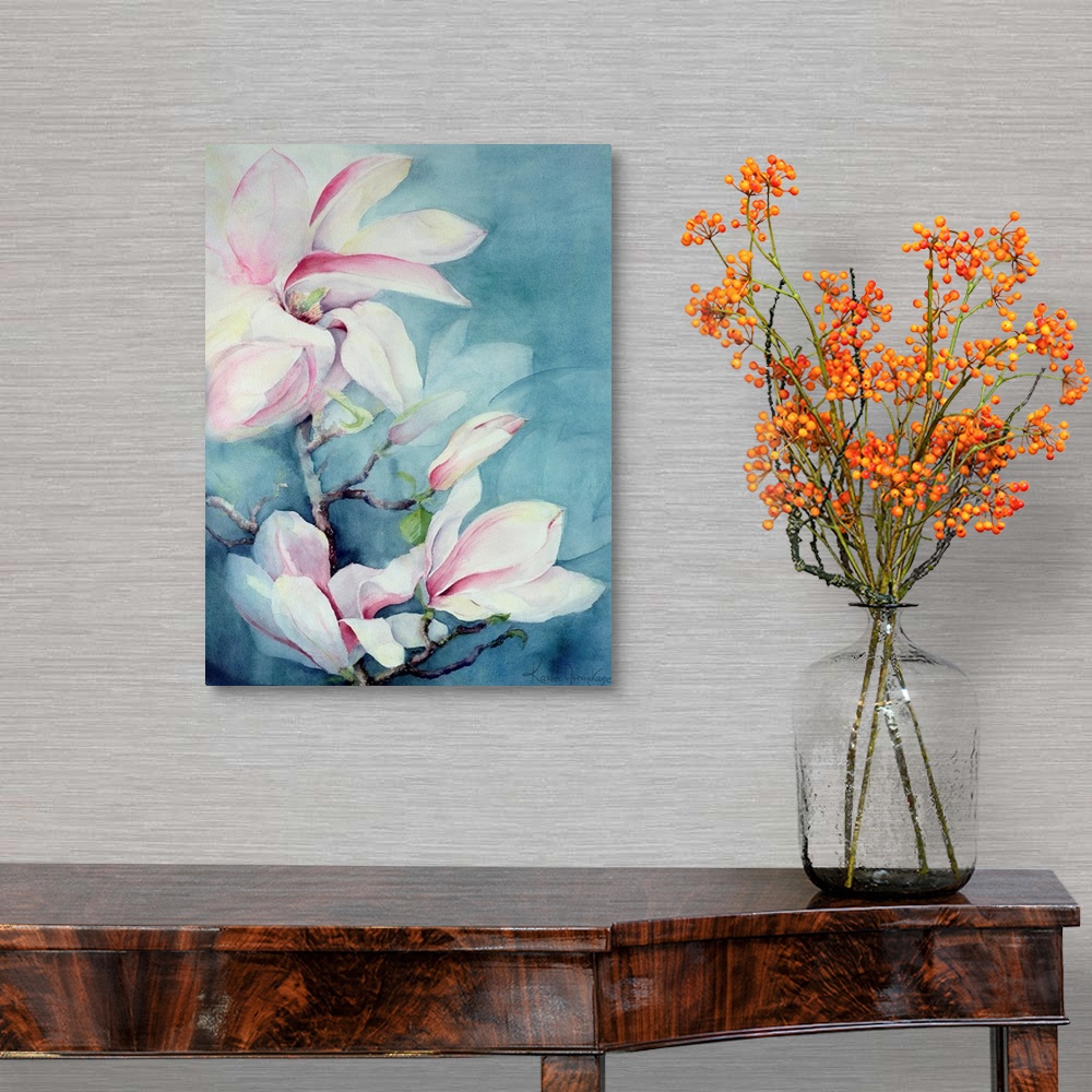 A traditional room featuring Contemporary floral painting of a branch of large petaled white flowers with soft pink accents of...