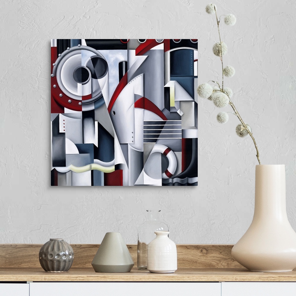 A farmhouse room featuring Artwork that uses different pictures and shapes from a cruise ship and than pieces them together ...
