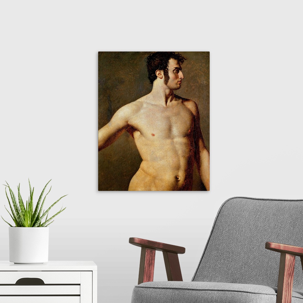 A modern room featuring Male Torso, c.1800 (originally oil on canvas); by Ingres, Jean Auguste Dominique (1780-1867).