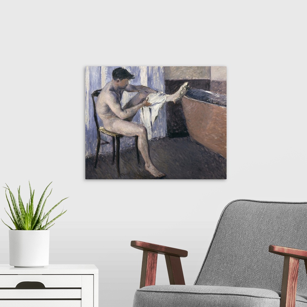 A modern room featuring Man Drying His Leg