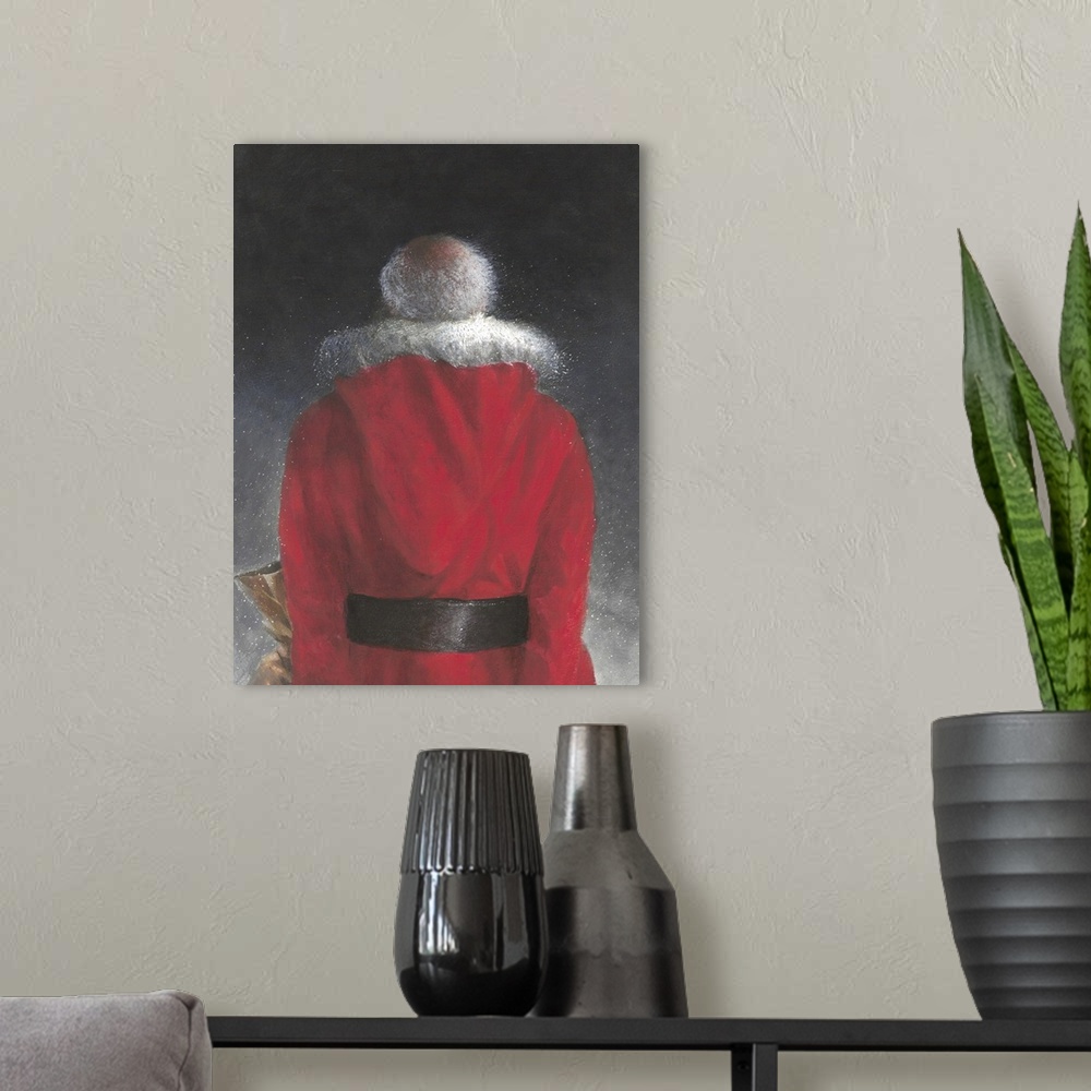 A modern room featuring Contemporary painting of a the rear view of a man in a red coat.
